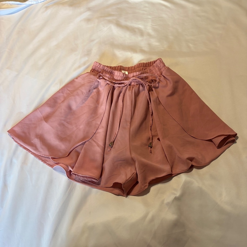 Women Pink High Waisted Flutter Skort Shorts Elastic Drawstring Waist Size M